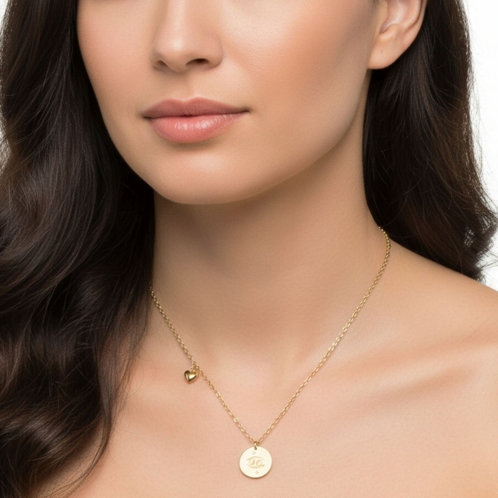 14k Gold Plated Cancer Zodiac Pendant Necklace Reversible New Gift With Box - Picture 2 of 6